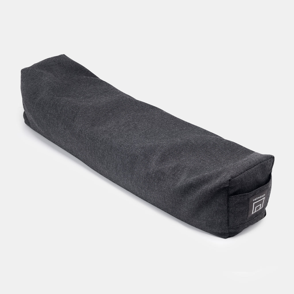 long gray bolster at an angle with logo and handle visible.