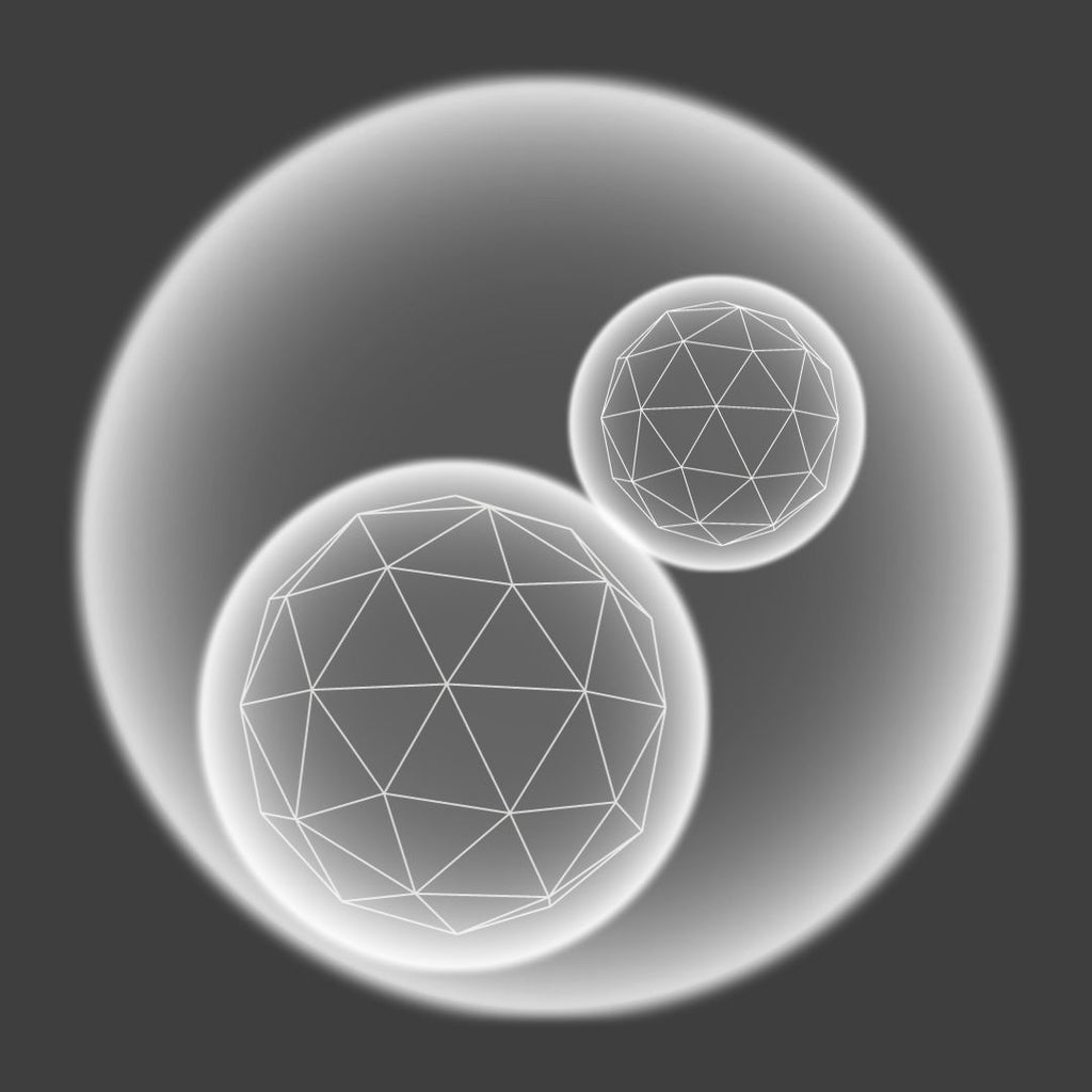 two faceted orbs colliding in deep space