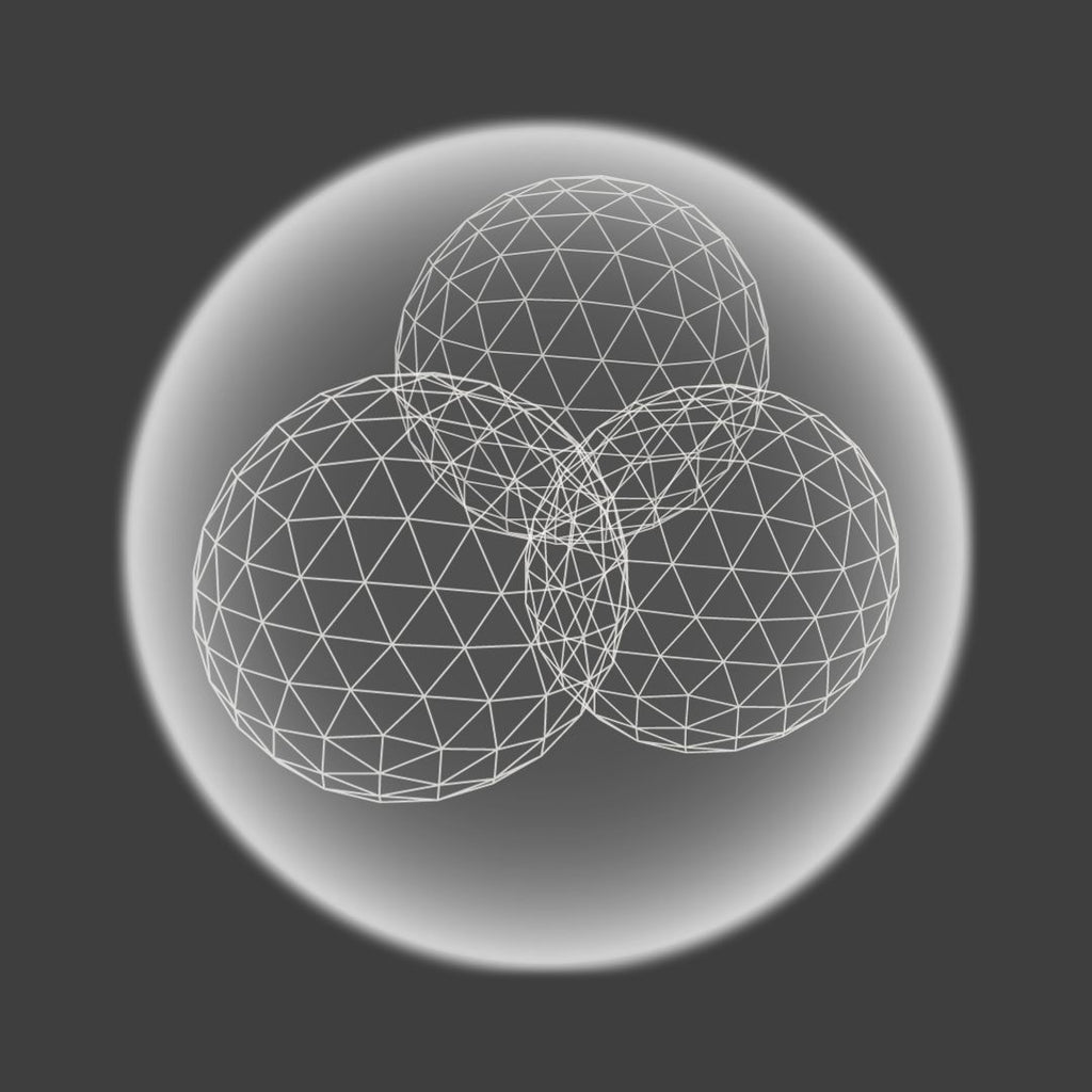 three faceted balls against a glowing orb